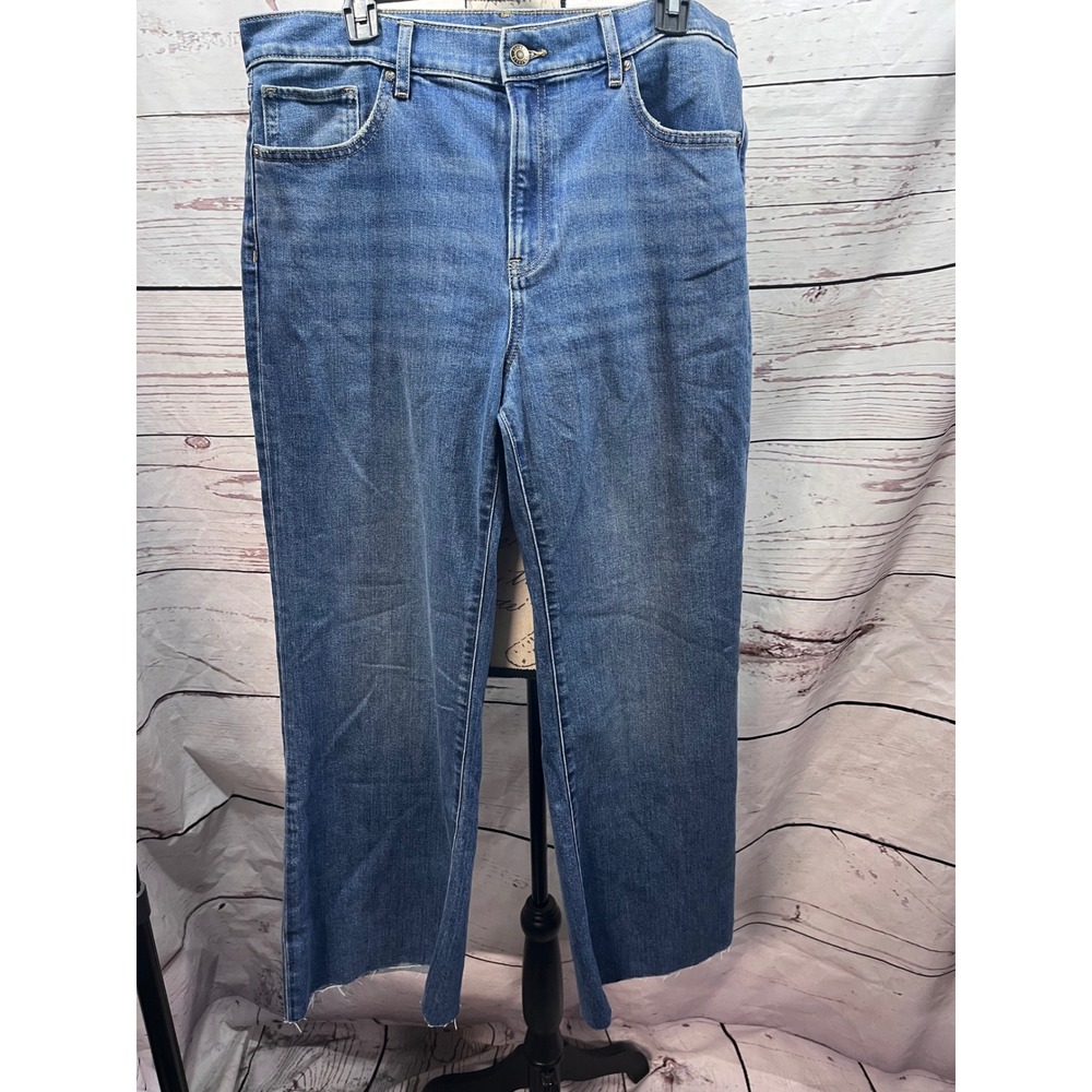 Express Relaxed Flare High Rise Stretch Jeans Medium Wash Raw Hem 12R